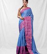 Sky blue blended cotton soft handwoven saree