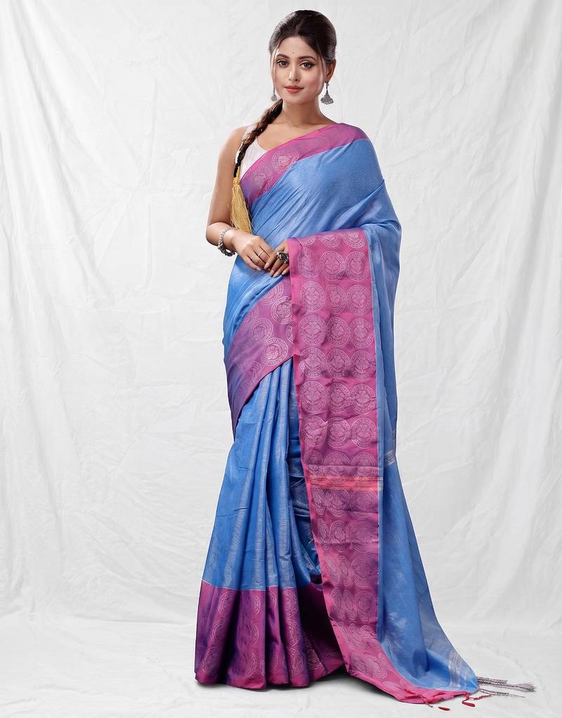 Sky blue blended cotton soft handwoven saree