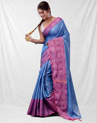 Sky blue blended cotton soft handwoven saree 2