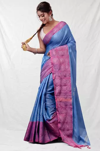 Sky blue blended cotton soft handwoven saree