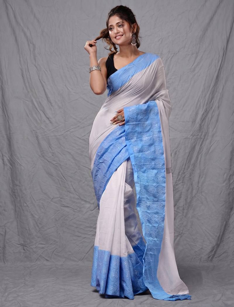 White blended cotton soft handwoven saree