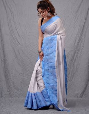 White blended cotton soft handwoven saree 2