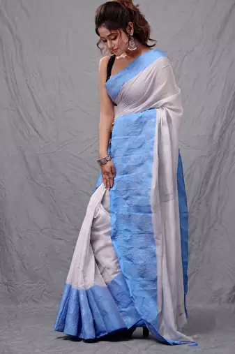 White blended cotton soft handwoven saree