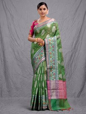 green silk blend handwoven soft saree 1