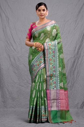 green silk blend handwoven soft saree