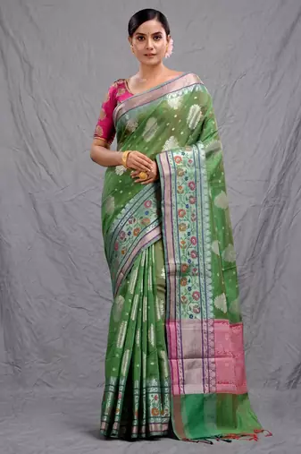 green silk blend handwoven soft saree