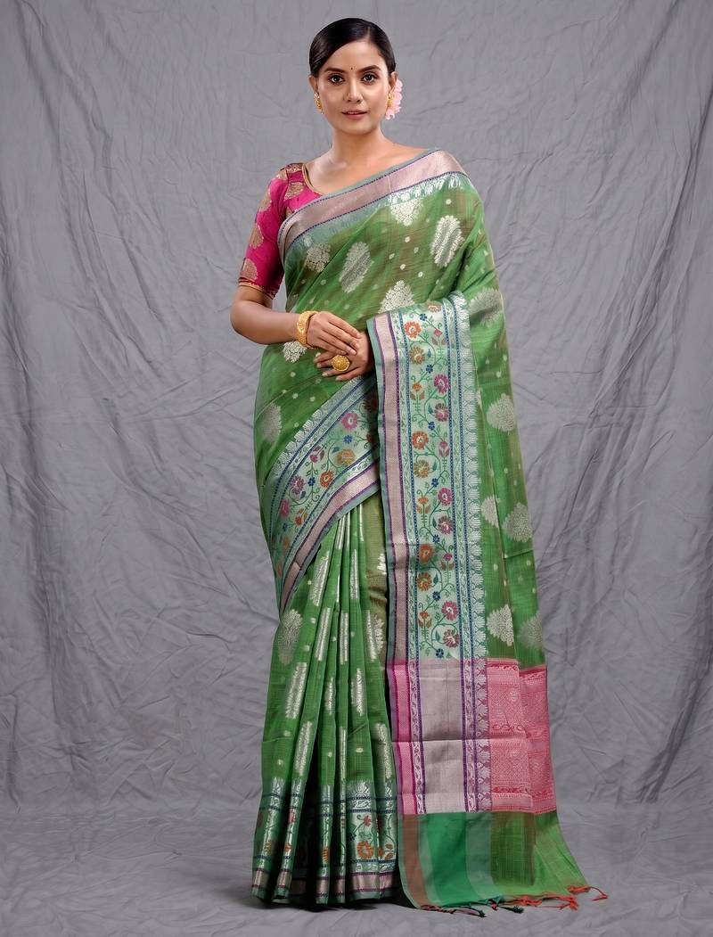 green silk blend handwoven soft saree