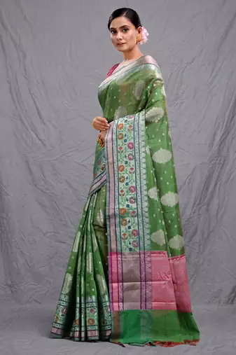 green silk blend handwoven soft saree