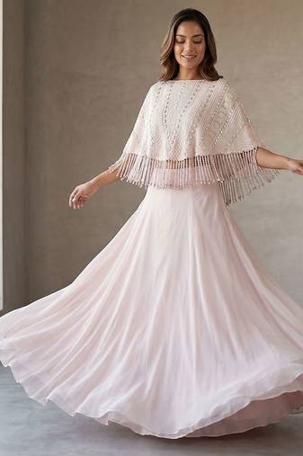 Soft Blush Pink Hand Embroidered Resham Cape Lehenga Set