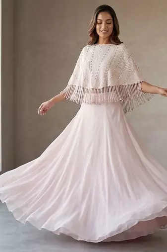 Soft Blush Pink Hand Embroidered Resham Cape Lehenga Set