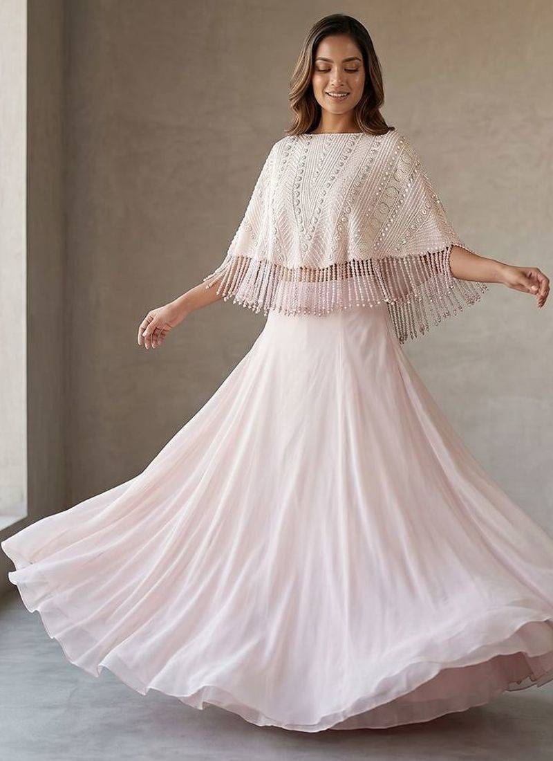 Soft Blush Pink Hand Embroidered Resham Cape Lehenga Set