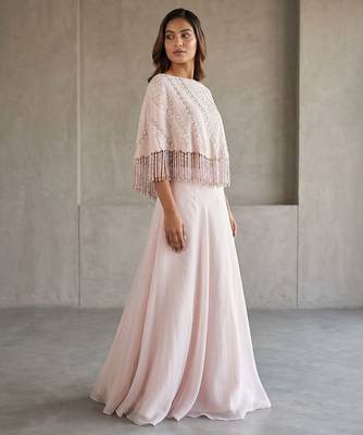 Soft Blush Pink Hand Embroidered Resham Cape Lehenga Set 2
