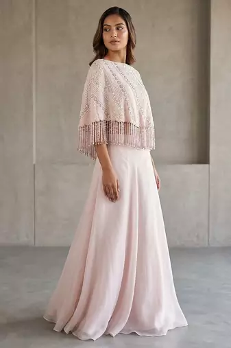 Soft Blush Pink Hand Embroidered Resham Cape Lehenga Set