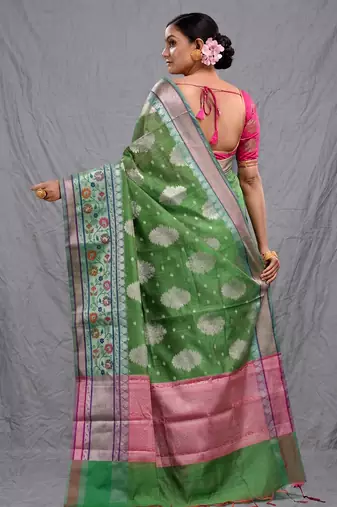 green silk blend handwoven soft saree