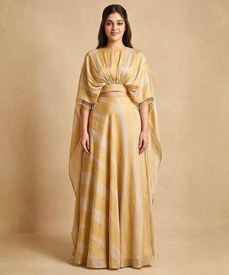 Molten Gold Silk Draped Cape Lehenga Skirt Set 1