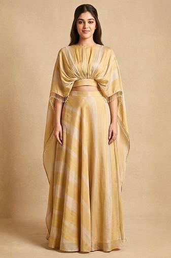 Molten Gold Silk Draped Cape Lehenga Skirt Set