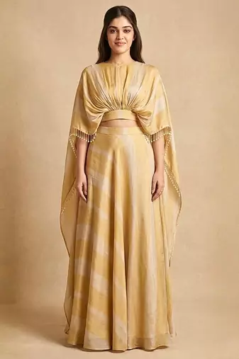 Molten Gold Silk Draped Cape Lehenga Skirt Set
