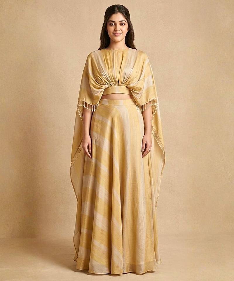 Molten Gold Silk Draped Cape Lehenga Skirt Set