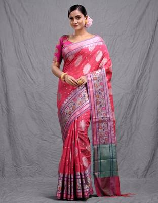 pink silk blend handwoven soft saree 1