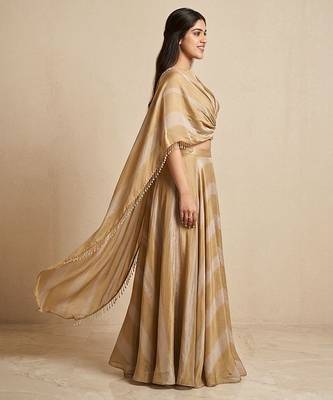 Molten Gold Silk Draped Cape Lehenga Skirt Set 4
