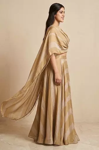 Molten Gold Silk Draped Cape Lehenga Skirt Set