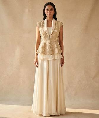 Ivory Embroidered Organza Silk Peplum Jacket with Lehenga Skirt Set 1