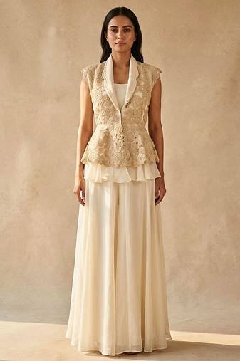 Ivory Embroidered Organza Silk Peplum Jacket with Lehenga Skirt Set