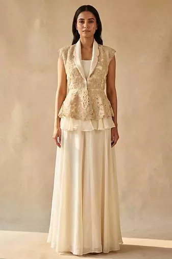Ivory Embroidered Organza Silk Peplum Jacket with Lehenga Skirt Set