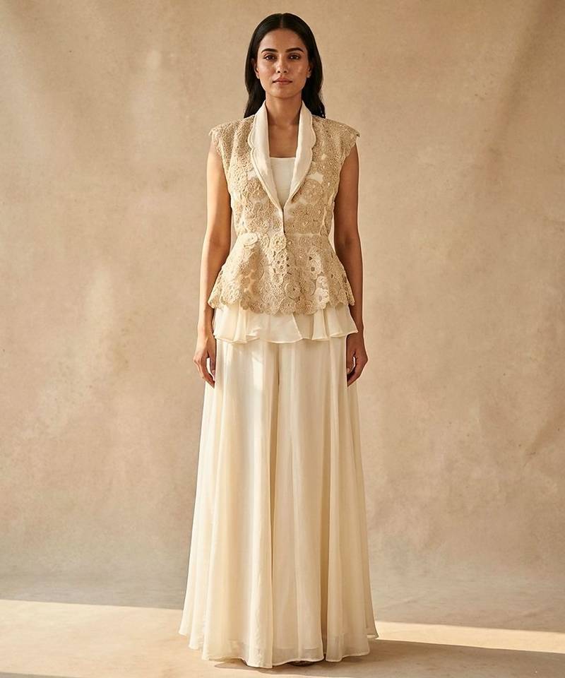 Ivory Embroidered Organza Silk Peplum Jacket with Lehenga Skirt Set