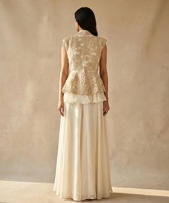 Ivory Embroidered Organza Silk Peplum Jacket with Lehenga Skirt Set 2