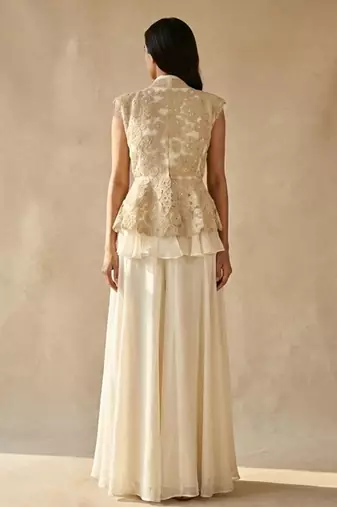Ivory Embroidered Organza Silk Peplum Jacket with Lehenga Skirt Set