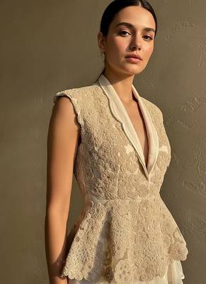 Ivory Embroidered Organza Silk Peplum Jacket with Lehenga Skirt Set 3
