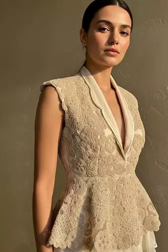 Ivory Embroidered Organza Silk Peplum Jacket with Lehenga Skirt Set
