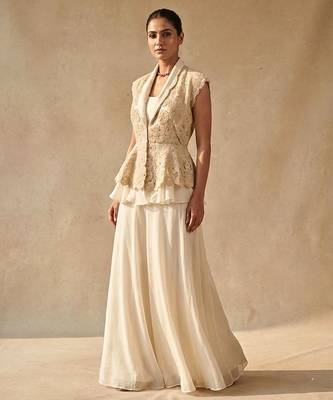 Ivory Embroidered Organza Silk Peplum Jacket with Lehenga Skirt Set 4