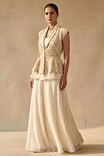 Ivory Embroidered Organza Silk Peplum Jacket with Lehenga Skirt Set