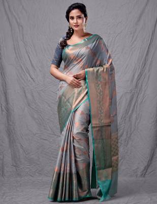 Grey cotton silk saree with woven design 1