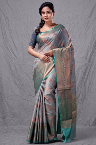 Grey cotton silk saree with woven design