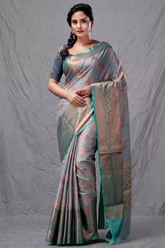 Grey cotton silk saree with woven design