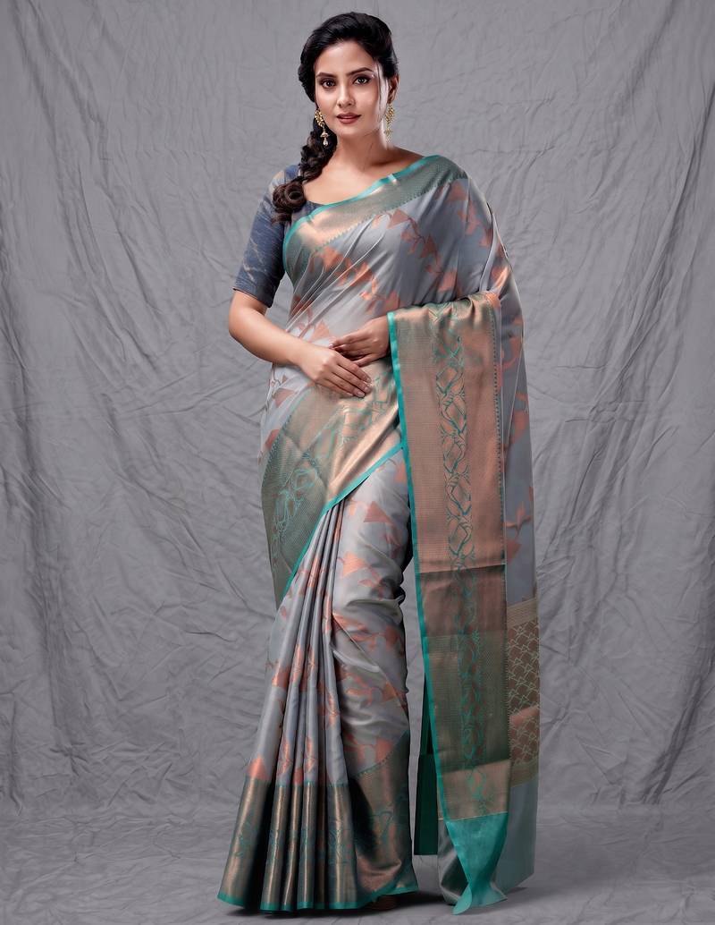 Grey cotton silk saree with woven design