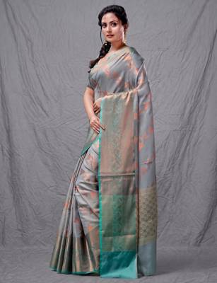 Grey cotton silk saree with woven design 2