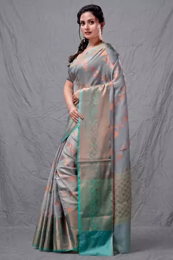 Grey cotton silk saree with woven design