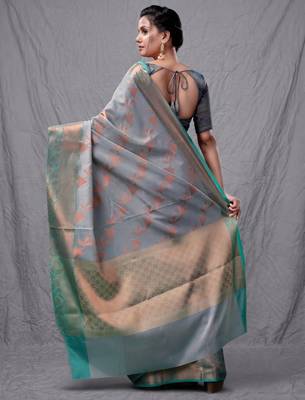 Grey cotton silk saree with woven design 3