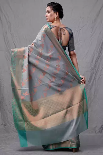 Grey cotton silk saree with woven design