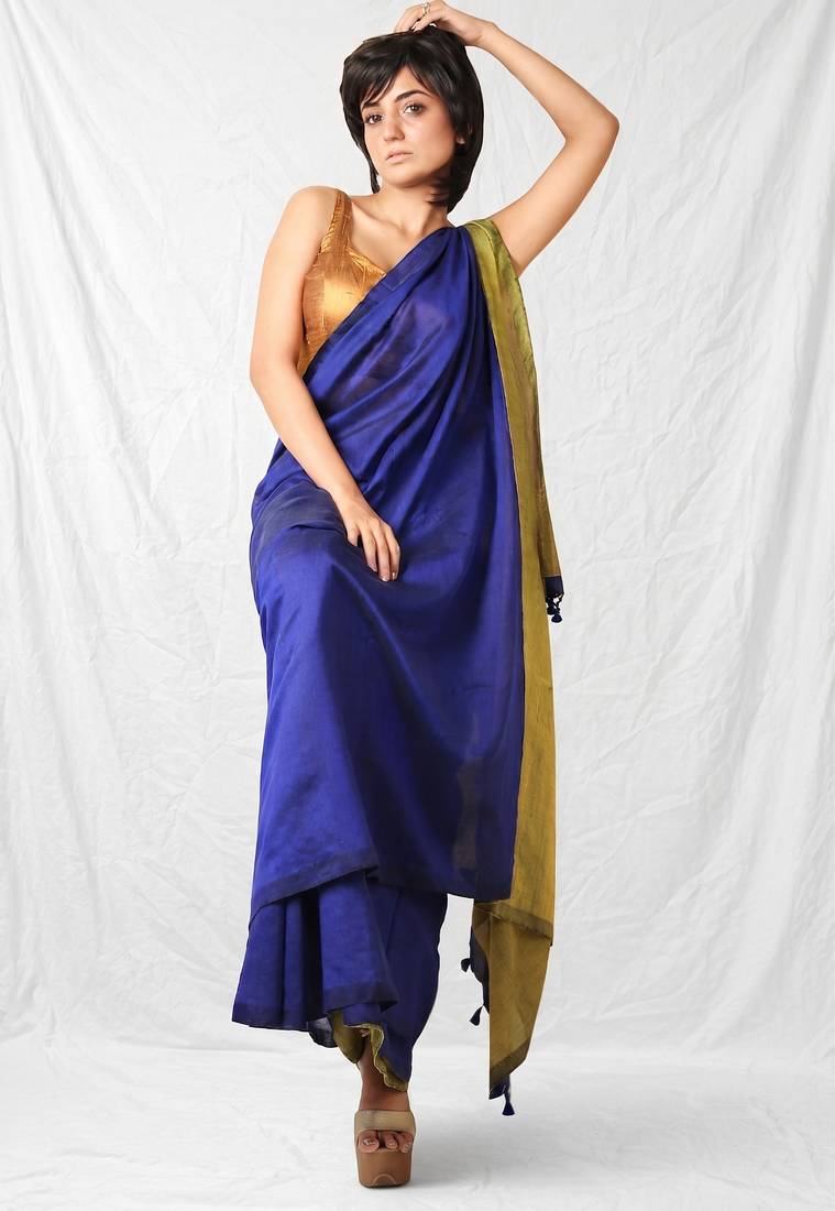 blue khadi cotton blend saree with corn yellow pallu
