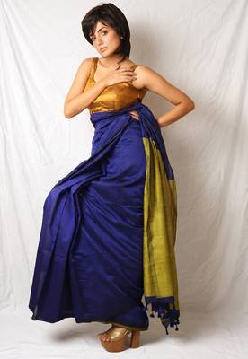 blue khadi cotton blend saree with corn yellow pallu 2
