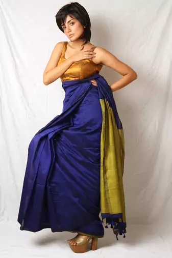 blue khadi cotton blend saree with corn yellow pallu
