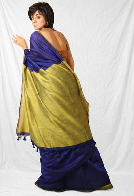 blue khadi cotton blend saree with corn yellow pallu 3