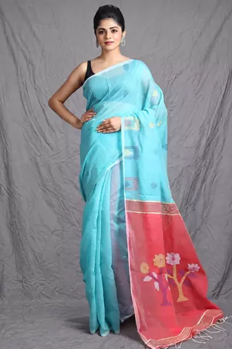 Sky blue handloom saree with floral pallu