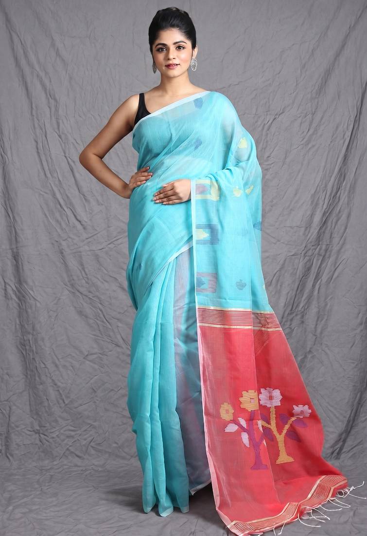Sky blue handloom saree with floral pallu