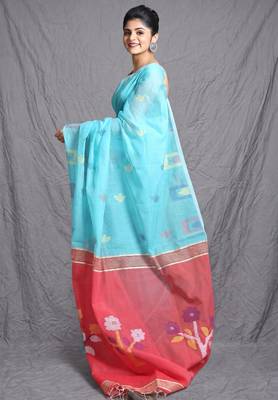 Sky blue handloom saree with floral pallu 2